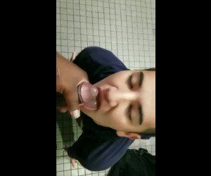 White Boy Sucks Black Man in a Stall and Eats His Cum